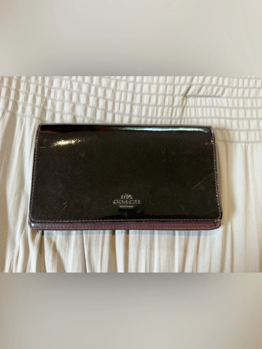 Coach Burgundy Purple Shiny Leather Foldover Wallet Crossbody No Strap